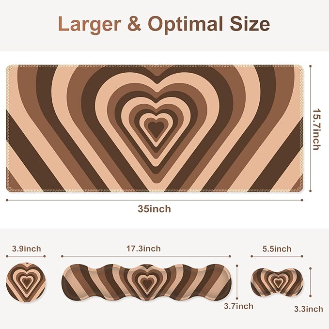 Gaming Mouse Pad Keyboard Wrist Support 4 in1 Mousepad with Wrist Keyboard Rest Computer Desk Mat Non-Slip Desk Pad Protector with Memory Foam Easy Typing Pain Relief I Lovely Brown Hearts