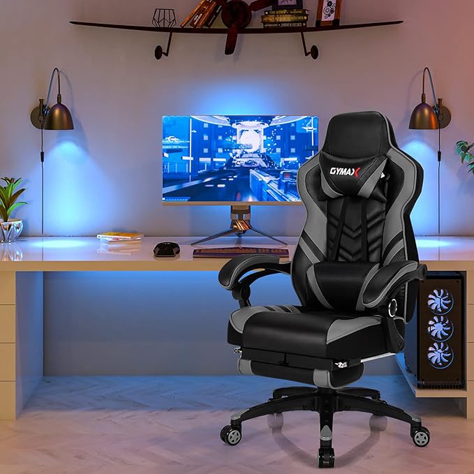 GYMAX Gaming Chair Ergonomic Computer Chair with Footrest Linkage Armrests &amp Lumbar Cushion Big Wide High Back Video Gaming Chair Reclining Office Rolling Chair for Adult/Teens (Gray)
