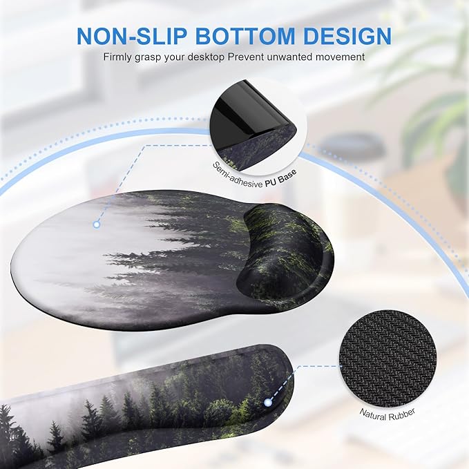 iCasso Desk Mat Gaming Mouse Pad Wrist Support Set4in1 XXL Large Mousepad + Keyboard Wrist Rest+Mouse Wrist Rest+Coaster Set with Ergonomic Design for Home Office Table Computer-Forest