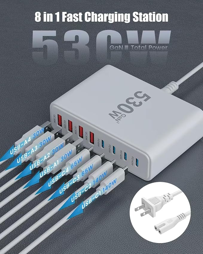 530W USB C Charger Block8-Port USB C Charging Station GaN IV Travel Essentials Multiple Port Charging Station140W Laptop Fast Charger Adapter for MacBook Pro/AirDELLiPadiPhoneSamsung Galaxy