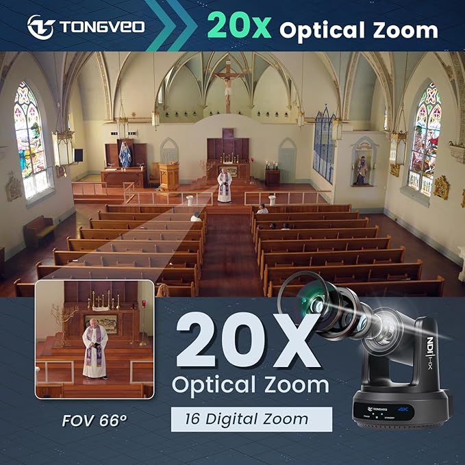 4K NDI PTZ Camera 60FPS 4KP60 AI Auto-Tracking 20X Optical Zoom Video Conference Camera 1/1.8 UHD CMOS 8.42MP with USB 3G-SDI HDMI LAN Outputs POE Live Streaming for Church Worship Conference Events