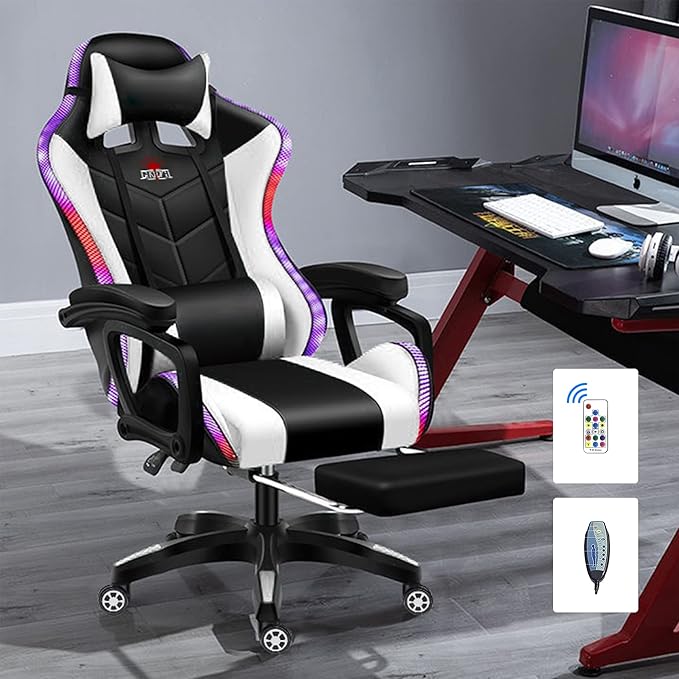 RGB Gaming Chair with Speakers and Massage Racing Computer Chair with Massage and Footrest for Office or Gaming. (Black+White)