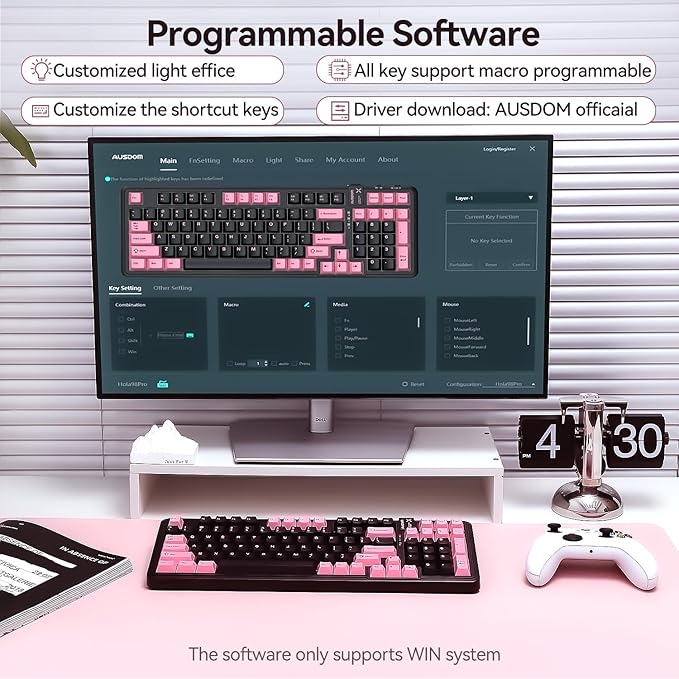 AUSDOM 98Pro Silent Wireless Mechanical Keyboard Tri-Mode BT/2.4G/USB-C Hot Swappable Custom Quiet Keyboard with Backlit Gasket Structure PBT KeycapsPre-lubed Tactile Switches(Black &amp Pink-Sil