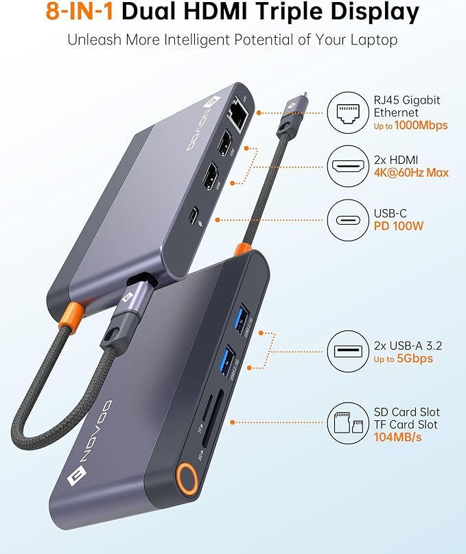 Novoo USB C Docking Station Dual HDMI Adapter 8 in 1 Multi Display 4K with 2 HDMI100W PD 2 USB TF Card USB-C 3.0 Hub Multiport Dongle Compatible with MacBook/Dell/HP/Lenovo Surface Laptops