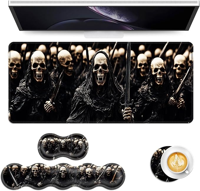 Keyboard Mouse Pad Set Extended Gaming Mouse Pad+Ergonomics Keyboard Wrist Rest Support Memory Foam Easy Typing Pain Relief 4Pcs XL Ultra Thick Desk MatCool Skeleton