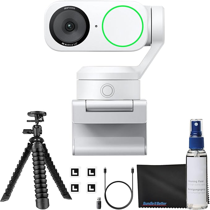 Insta360 Link 2 - PTZ 4K Webcam (White) for PC/Mac 1/2 Sensor AI Tracking HDR AI Noise-Canceling Mic Gesture Control for Streaming Video Calls Gaming Bundle with Flexible Tripod &amp Lens Clo