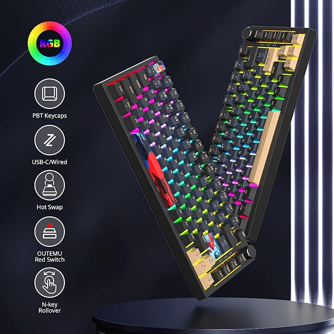 BlueSamurai 75% Wired Mechanical Gaming Keyboard - Hot Swappable Red Switch RGB Backlit 82 Keys TKL Mechanical Keyboard with Volume Control Knob