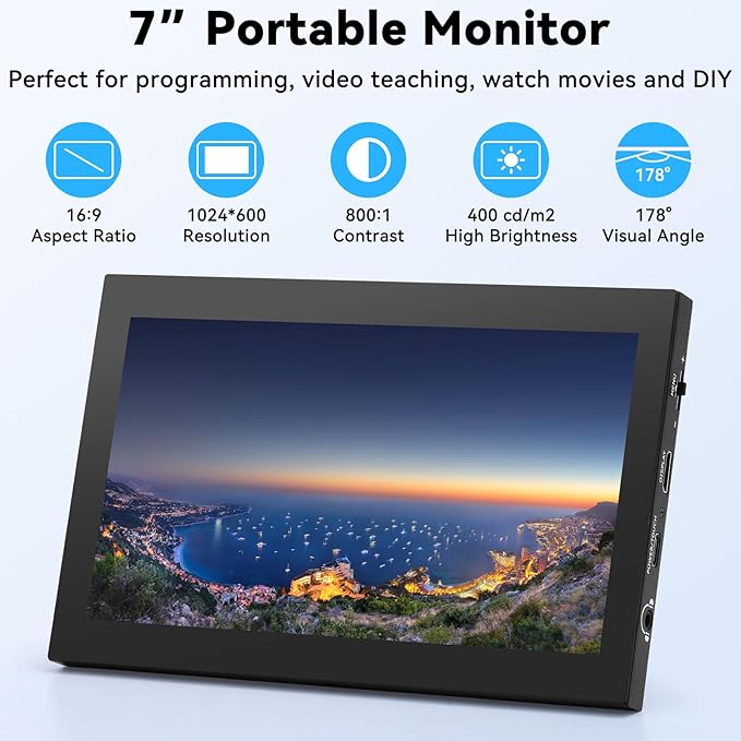 7 Inch Mini Monitor Small Monitor with Capacitive Touch Screen 1024 * 600 High Pixel Display Full View HDMI- IPS Monitors Portable for Raspberry Piscreen 、for BB Black、for Banana Pi etc