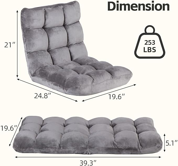 Nouva Adjustable Floor Chair 14-Position Sofa Bed Foldable Cushion Video Gaming Chairs Bean Bag Chair Reading Seating for Adults Kids Teens for Bedroom Living Room Indoor UseGrey