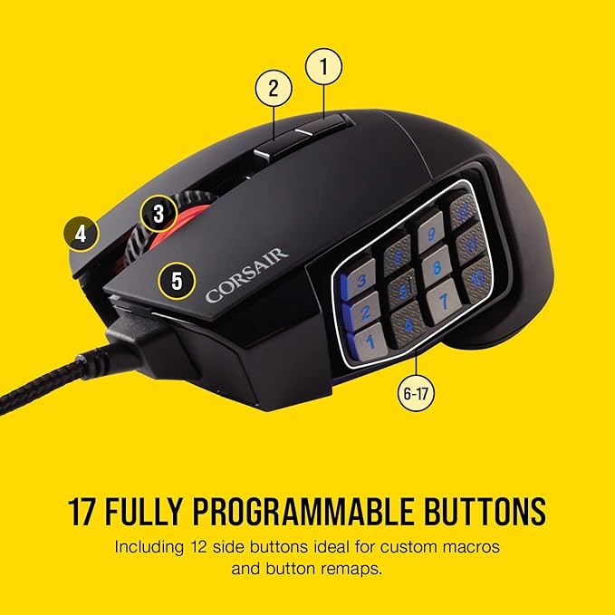 Corsair Scimitar RGB Elite Wired MOBA/MMO Gaming Mouse – 18000 DPI – 17 Programmable Buttons – iCUE Compatible – PC Mac PS5 PS4 Xbox – Black