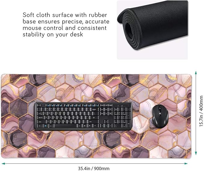 Pink Geometric Marble Large Mouse Pad Gaming Mousepad with Wrist Support Rubber Computer Keyboard Mat for Desk Laptop Non-Slip Full Deskmat Protector Waterproof Writing Pad Office Home 16x35.5 in