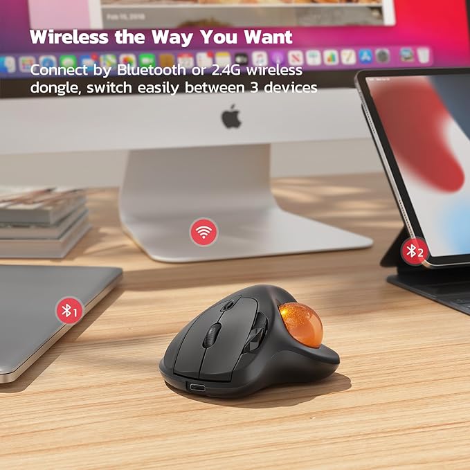 Nulea M501 Wireless Trackball Mouse Rechargeable Ergonomic Easy Thumb Control Precise &amp Smooth Tracking 3 Device Connection (Bluetooth or USB Receiver) Compatible for PC Laptop Mac (H-DOran