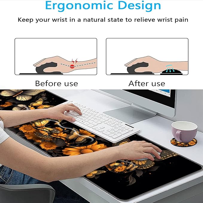 Keyboard Mouse Pad SetLarge Mouse Pad+Keyboard Wrist Rest+Wrist Support+Coaster31.5x11.8in Extended Desk Mat for Computer Laptop Office Home- Flower Butterfly