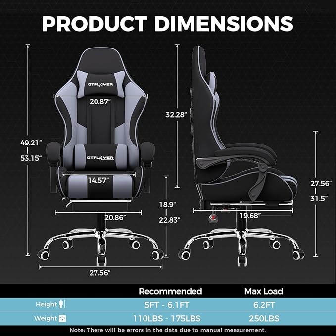 GTPLAYER Gaming Chair Computer Chair with Footrest and Lumbar Support Height Adjustable Game Chair with 360°-Swivel Seat and Headrest and for Office or Gaming (Purple Fabric)