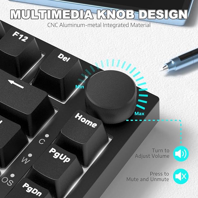 ATTACK SHARK Ajazz AK820 Mechanical Keyboard with CNC Knob Control75% Gasket Mount Keyboard and Detachable USB Wired Gaming Keyboard for Win/MacWhite LightNKROBlue Clicky Switch(Black)