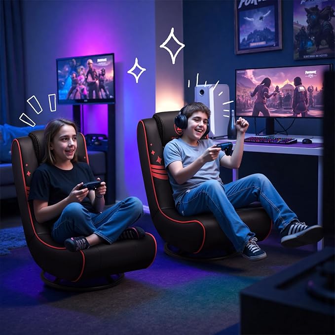 GTPLAYER Floor Gaming Chair Foldable Swivel Floor Chairs for Kids Boys Comfy Video Game Seat with 360° Multipurpose for Gamers Bedroom or Game Room (Black-Red)