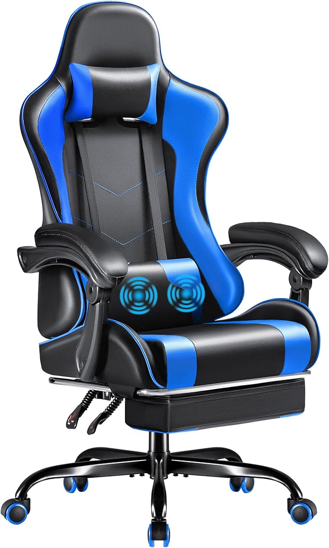 Furmax Gaming Chair Video Game Chair with Footrest and Massage Lumbar Support Swivel Seat Height Adjustable Computer Chair with Headrest Racing E-Sport Gamer Chair (Blue)