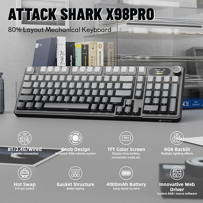 MAMBASNAKE Attack Shark X98 Pro Wireless Mechanical Keyboard with Screen &amp Knob2.4G/USB-C/BT5.0 Gasket Hot Swappable Creamy Keyboard102 Keys Web Driver RGB Gaming Keyboard for PC/Mac/PS4/Xbox