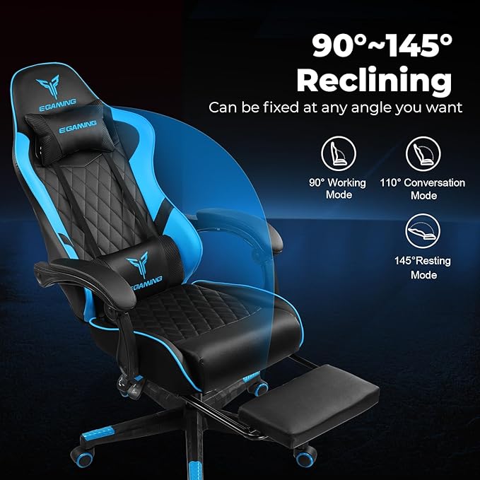 EXRACING Gaming Chair Ergonomic Computer Chair with Footrest and Lumbar Support Height Adjustable High Back Leather Office Chair 360° Swivel with Linked Armrest for Adult and Teen (Blue)