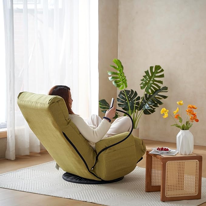 Gaming Lounge Chair Floor 360° Swivel Gaming Floor Chair Adjustable Phone Holder 5-Position w/Arms Foldable for Adults Living Room Dorm Rotatable Leisure Sofa Premium (Green)