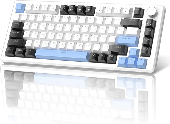 MageGee 75% Mechanical Gaming Keyboard Compact Blue Backlit Wired Gaming Keyboards with Brown Switches EVA Foam Knob Control STAR75 Portable NKRO PC Gaming Keyboard - White &amp Blue
