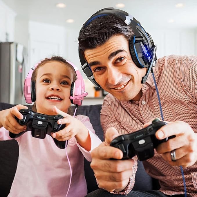 BENGOO G9000 Professional Gaming Headset for PS4 PC Xbox One Controller Noise Cancelling Over Ear Headphones with Mic LED Light Bass Surround Soft Memory Earmuffs for Laptop - Pink