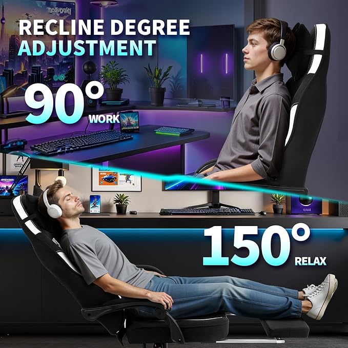 SITMOD Breathable Fabric Gaming Chair 350lbs Heavy Duty Computer Office Chair with Pocket Spring Cushion Wide Seat Ergonomic Gamer Chair with Footrest for Big and Tall Reclining High White