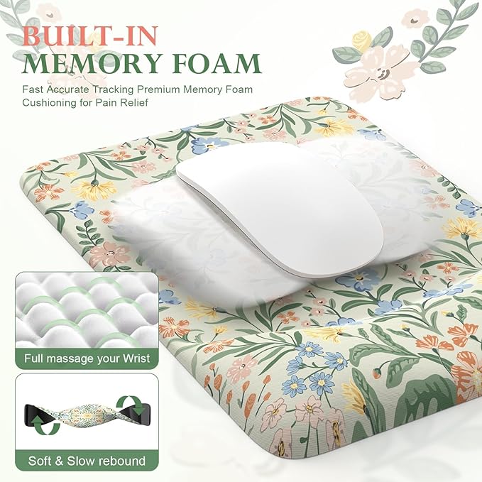iLeadon Green Floral Desk Cover Mat Computer Mouse Pad and Keyboard Wrist Rest Non-Slip Base Keyboard Wrist Rest and Mouse Pad Set Office Desk Mat Cute for Women (Light Green)