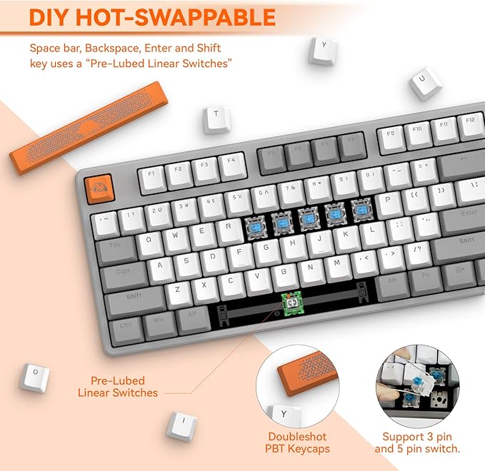 MAGIC-REFINER AK873 Wired 75% TKL Gaming KeyboardHot-Swappable Blue SwitchPBT KeycapRainbow Led BacklitErgonomic Mechanical Keyboard+Custom Coiled USB/Type-C Aviation Cable for PC/Mac (Gray White)