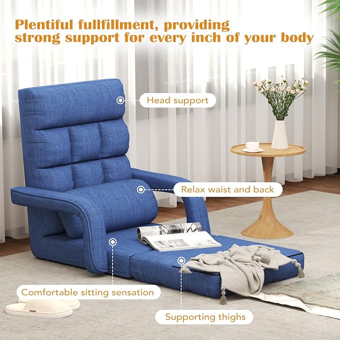 WAYTRIM 6 Position Indoor Chaise Lounge Chair Gaming Floor Chair for Teens Adults Indoor Lounge Chair Lazy Sofa for Pets with Armrests &amp Pillow Comfy Chair for Bedroom Dorm Living Room - Navy