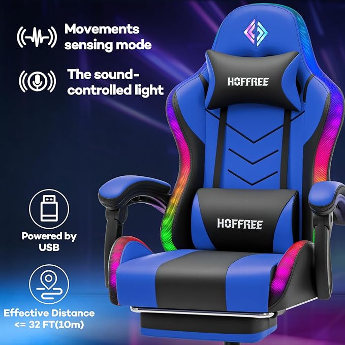 HOFFREE RGB Gaming Chair with Rhythm LED Lights and Speakers Massage Computer Chair with Footrest Music Video Game Chair High Back with Lumbar Support Blue