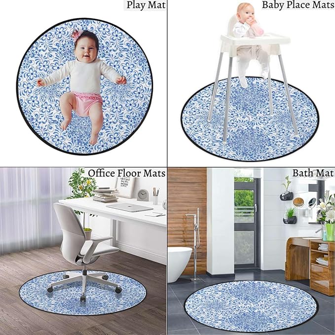 Blue Washable Round Area Rug -Non-Slip Distressed Circle Rug Non-Shedding Entryway Carpet for Bedroom Laundry Kitchen Decor Porcelain Style Traditional Pattern Colors Diameter 51 in