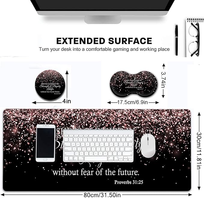 Desk Pad Extended Large Mouse Pad with Stitched Edges (31.5X11.8In) Ergonomic Mouse Wrist Rest Waterproof Computer Keyboard Mouse Mat Proverbs 31:25 Bible Rose Gold XXL Black Gaming Mouse Pad