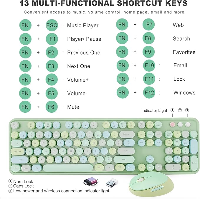 Wireless Keyboard and Mouse Combo Ergonomic Full Size Typewriter Retro Round Keycaps Keyboard Compatible with Windows PC Perfer for Home and Office Keyboards (Green