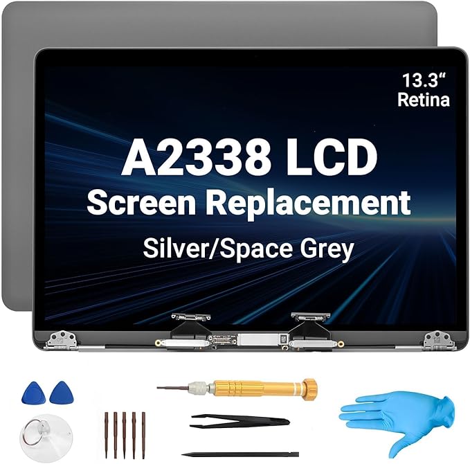 Screen Replacement for MacBook Pro 13.3 A2338 M1 M2 Retina EMC 3578 EMC 8162 MYD83 MYD92 MYDA2 MYDC2 MNEQ3 MNEP3 2560x1600 Full LCD Retina Display Assembly with Fix Kit（Grey）