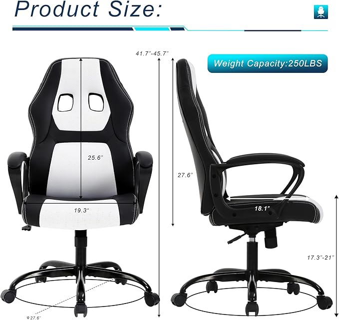 Silla Gamer Ergonomic Office Chair - Leather Racing Chair with Massage Rolling Comfy for Adults and Kids - White
