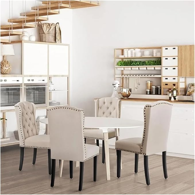 Adjustable Office Computer Chair with Armrest 1pcs Beige Upholstered Tufted Button Backrest Fabric Dining Chairs with Solid Wood Legs
