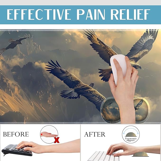 3-in-1 Large Mouse Pad Gaming Set (31.5 x 11.8 inch)+ Wrist Rest Pad + Coaster Memory Foam Gel Wrist Rest Pad for Pain Relief Stitched Edges Non-Slip Table Mat Flying Eagle