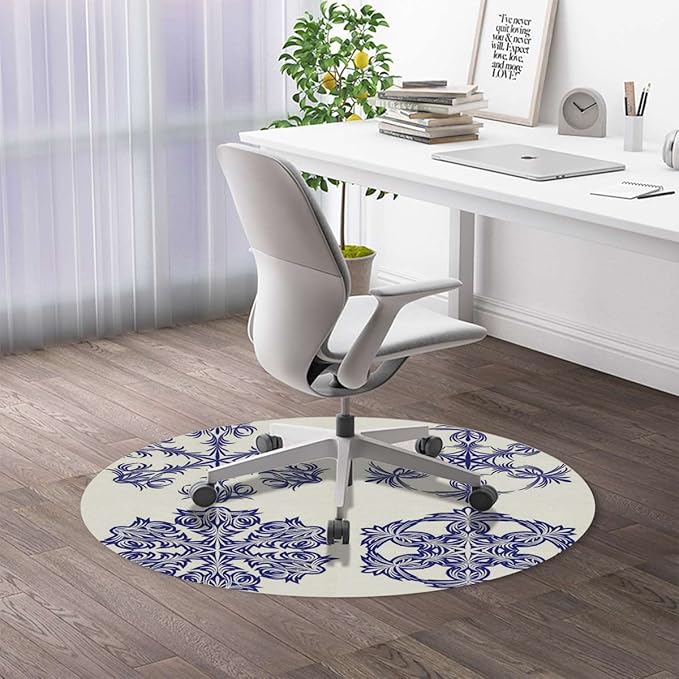 Navy Blue White PU Leather Round Area Rug Swivel Chair Mats for Hardwood Floor Old Fashioned Motifs Floor Protector Office Chair Mat Gaming Chair Mat Blue and White Diameter 39.4 in