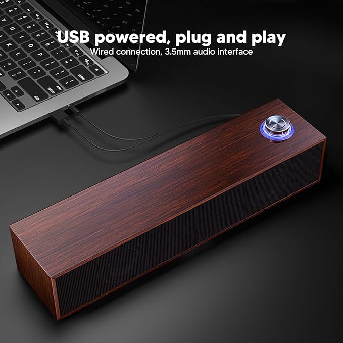 ANGGREK Desktop Computer Soundbar Computer Speakers HiFi Stereo AUX in Wired Plug and Play Volume Control Wooden Low Noise for Laptop