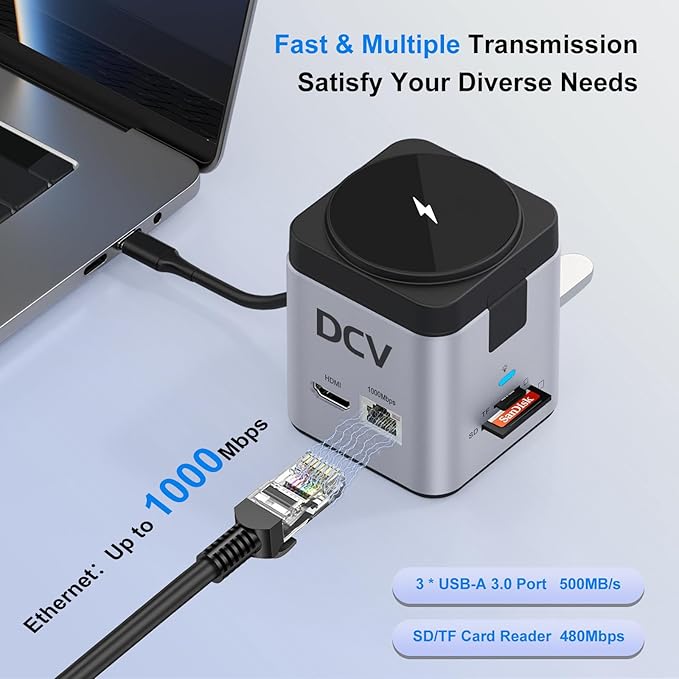 USB C Laptop Docking Station with MagSafe Charger Stand 9 in 1 USB C Hub Multiport Adapter with 4K HDMI 1Gbps Ethernet 3 USB 3.0 SD/TF Compatible with MacBook/Dell/HP/Lenovo/iPhone (Silver Gray)