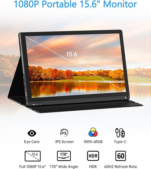 15.6 Portable Monitor 1080P Dual Built-in Speaker FHD IPS Monitors Screen with Type-C/USB C/HDMI Eye Care Gaming Portable Monitor Second Screen for Laptop/PC/Mac/Phone/Computer