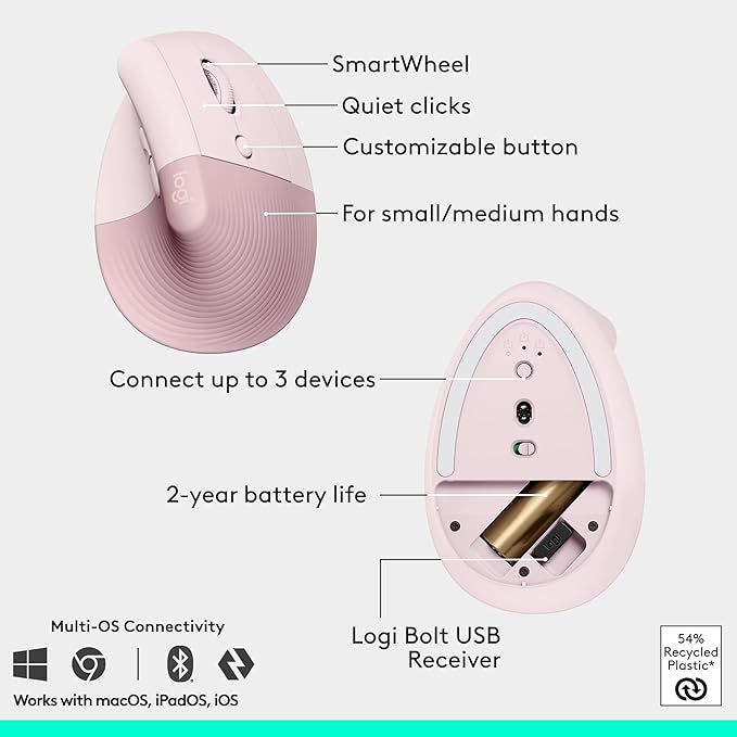 Logitech Wave Keys &amp Lift Vertical Mouse - Ergonomic Wireless Keyboard and Mouse Combo - with Cushioned Palm Rest Easy-Switch Bluetooth for Multi-OS Windows/Mac - Rose