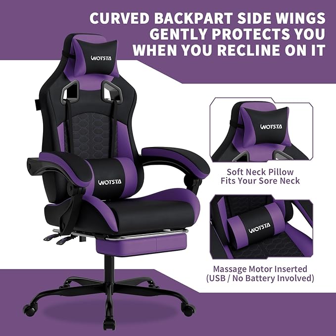 Gaming Chair with MassageErgonomic PC Gaming Chair with Footrest Comfortable Headrest and Lumbar SupportHigh Back Game Chair PVC Leather300LBS (BlackPurple)