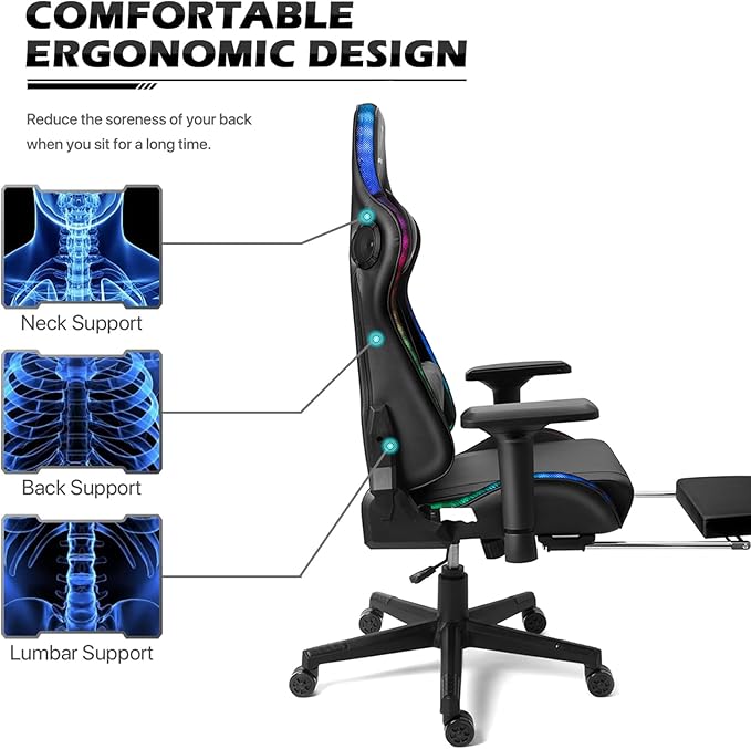 XOOFMASS Ergonomic Gaming Chair with LED Lights and Speakers Video Game Chair with Massage and Footrest Adjustable High Back Computer Chair with Lumbar Support and Headrest for Adult TeensPink