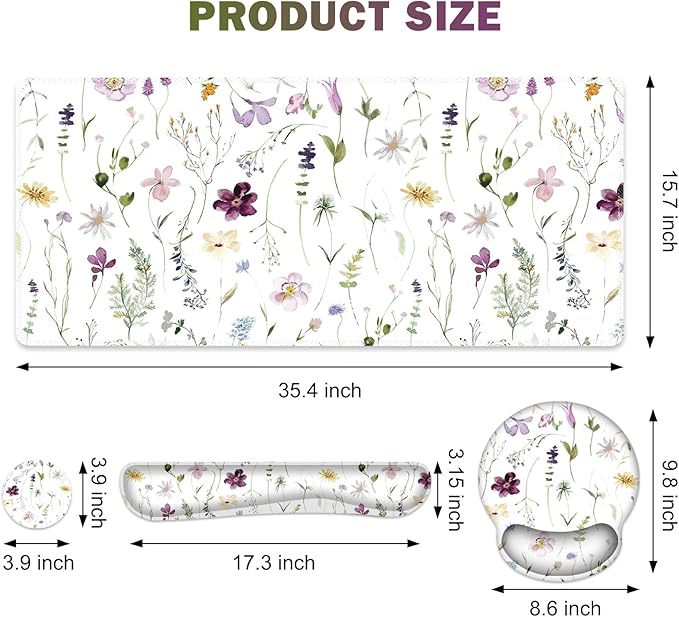 Gaming Mouse Pad Large Desk Mat Cute Desk Pad Protector 4in1 XXL Mousepad + Keyboard Wrist Rest+Mouse Wrist Rest+Coaster Set with Ergonomic Desk Pad for Home Office Computer Purple Flower Plants