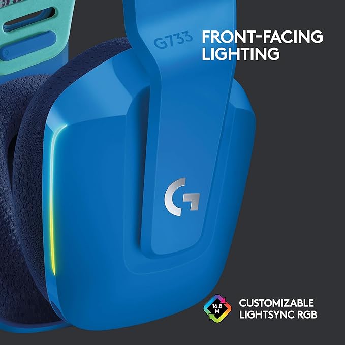 Logitech G733 Lightspeed Wireless Gaming Headset with Suspension Headband LIGHTSYNC RGB Blue VO!CE mic Technology and PRO-G Audio Drivers - Blue