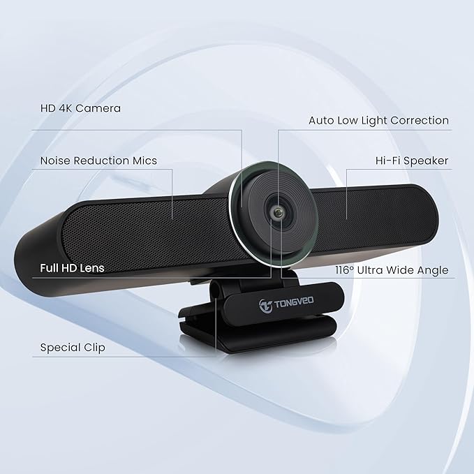 4K Webcam Conference Call TV Room Web Camera with Dual Microphones &ampSpeaker | All-in-One USB Video Camera 116° Wide Angle AI Auto Framing | Compatible with Zoom OBS