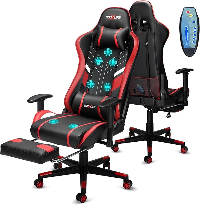 Douxlife 7-Point Massage Gaming Chair with Footrest 400lbs Heavy Duty Ergonomic Computer Chair 175° Reclining High Back Racing Seat for Adults with Adjustable Armrests &amp Lumbar Support Red