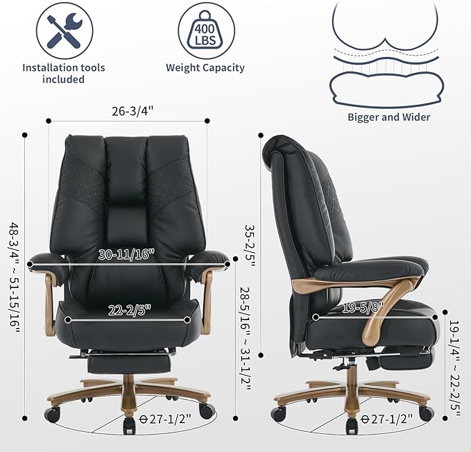 Big and Tall Executive Office Chair with Footrest 400LBS Capacity Ergonomic High-Back Desk Office Chair with Lumbar Support Padded Armrests &amp Thick Cushion Black PU Leather Chairs